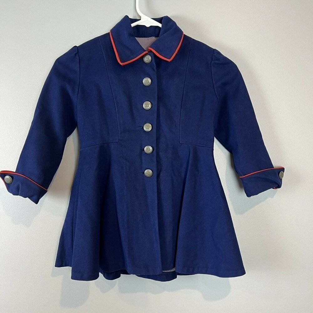 Vtg Mid Century Girls Blue Coat Clipper Ship Buttons Madeline 28" Bust 23" Lngth